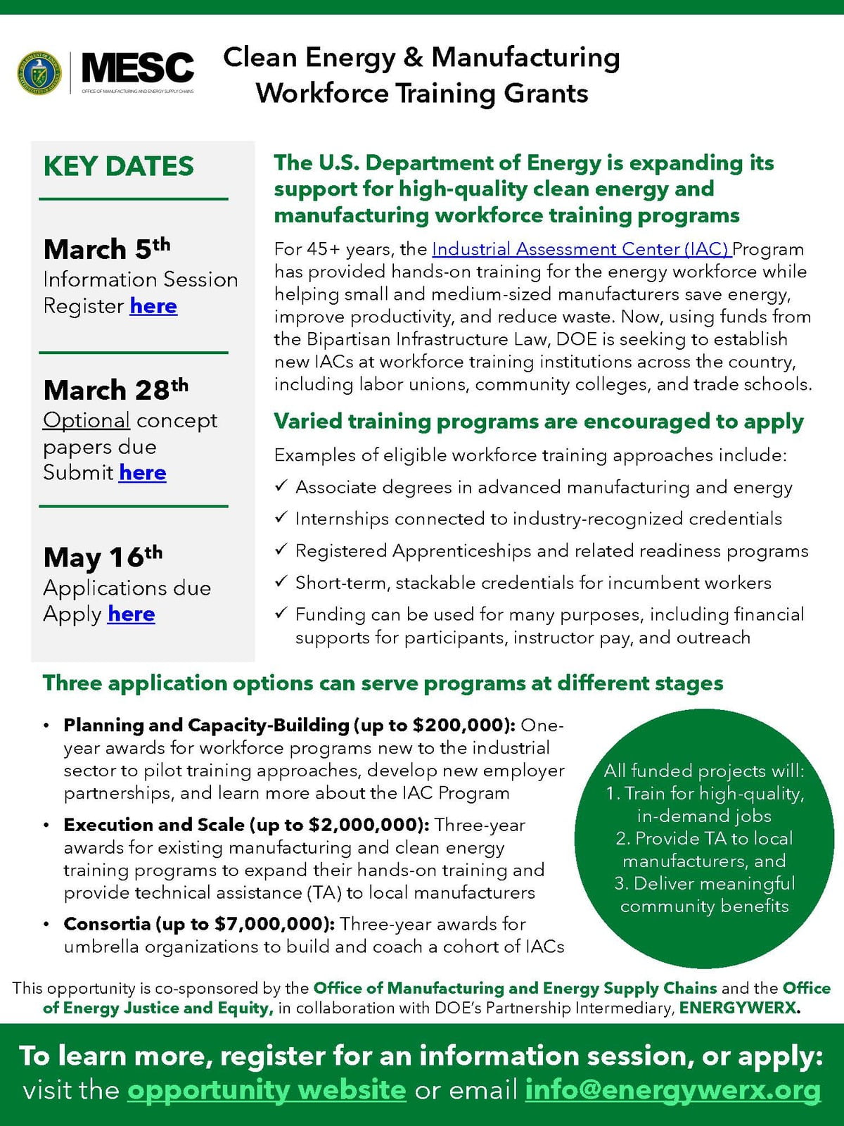 Funding Notice: DOE Clean Energy & Manufacturing Workforce Training Grants